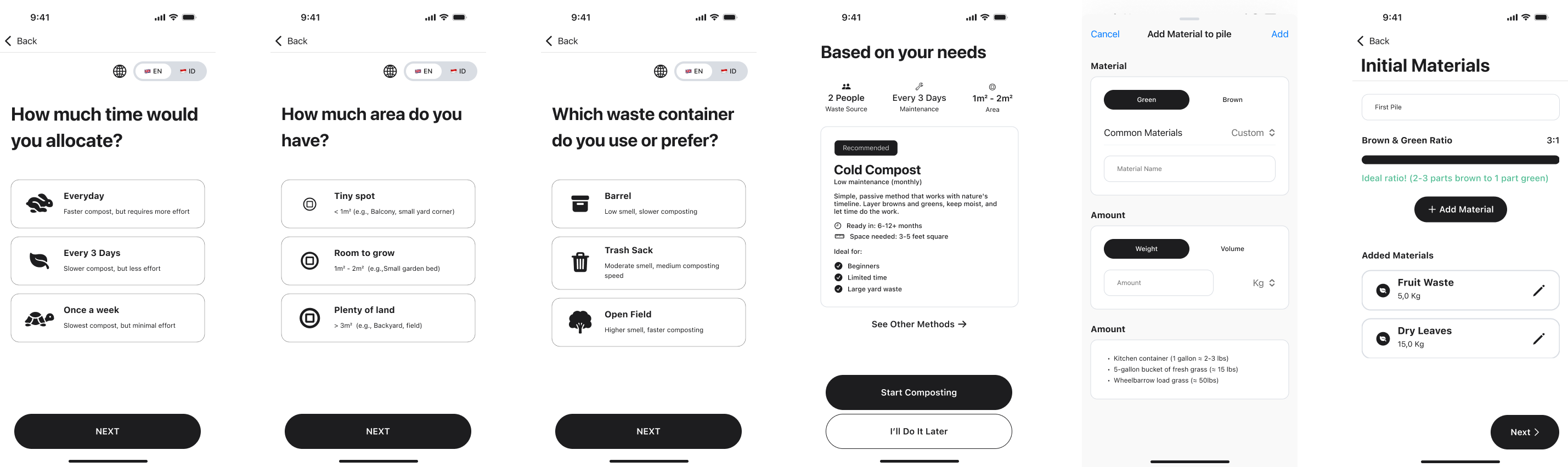 Early lo-fi of onboarding and Add Material screen